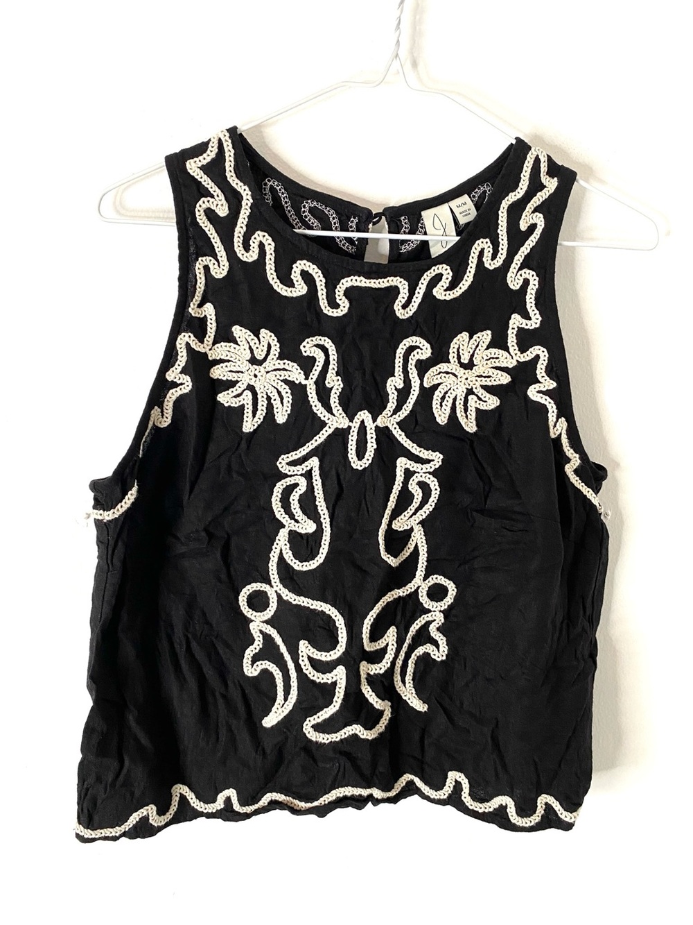 Joie Black Linen Blend Embroidered Sleeveless Top Rope Trim Boho Tank